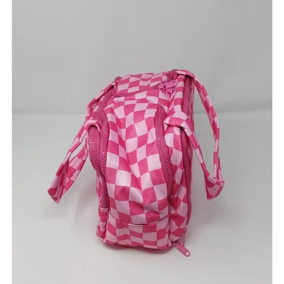 Pink Checkered Makeup Bag Travel Organizer Cosmetic Case Multi-Compartment - Picture 2 of 8